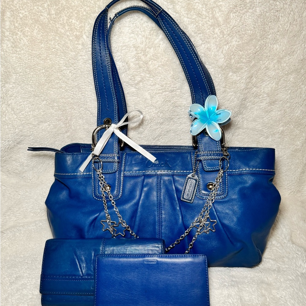 Blue Leather Coach Tote Bag with Matching Wallet and Checkbooks